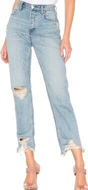 Free People Chewed Up Jeans Mid Rise Straight Distressed Light Wash Blue 27